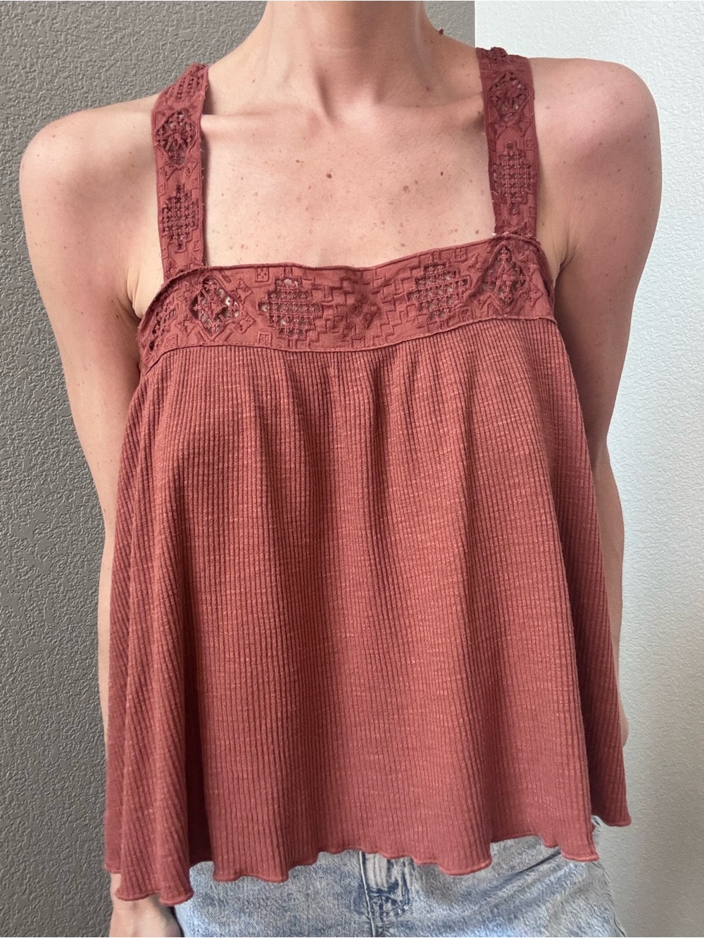 Lucky Brand Lace Trim Square Neck Strappy Tank Women’s XS Rust Ribbed